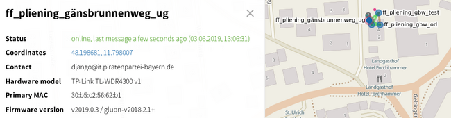 Bild: Bildschirmhardcopy des betreffenden Freifunk-Knotens auf der Karte