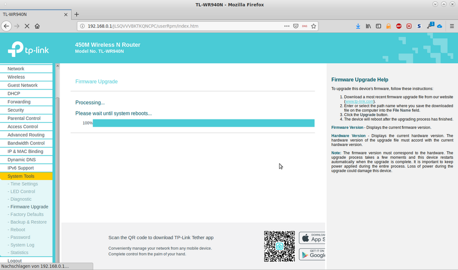 Bild: Original Web-GUI zur Verwaltung eines TP-Link-Routers Hinweis zum Neustart nach einem Firmware-Update Bild: Original Web-GUI zur Verwaltung eines TP-Link-Routers Hinweis zum Neustart nach einem Firmware-Update
