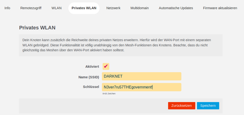 Bild: LuCi-WEB-GUI - Konfiguration eines privaten, verschlüsselten WLANs Bild: LuCi-WEB-GUI - Konfiguration eines privaten, verschlüsselten WLANs